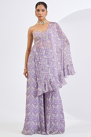 Lilac Viscose Chinon Chiffon Mosaic Printed Sharara Set by Neha khullar