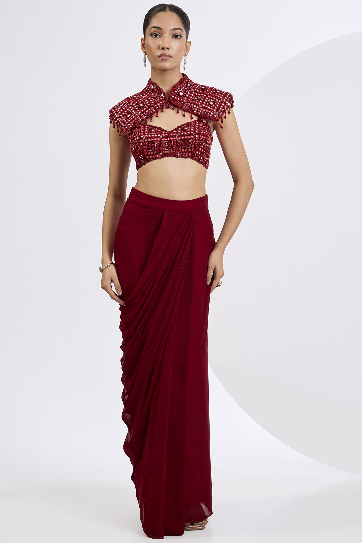 Deep Red Viscose Georgette Draped Skirt Set by Neha Khullar at Pernia's Pop Up Shop
