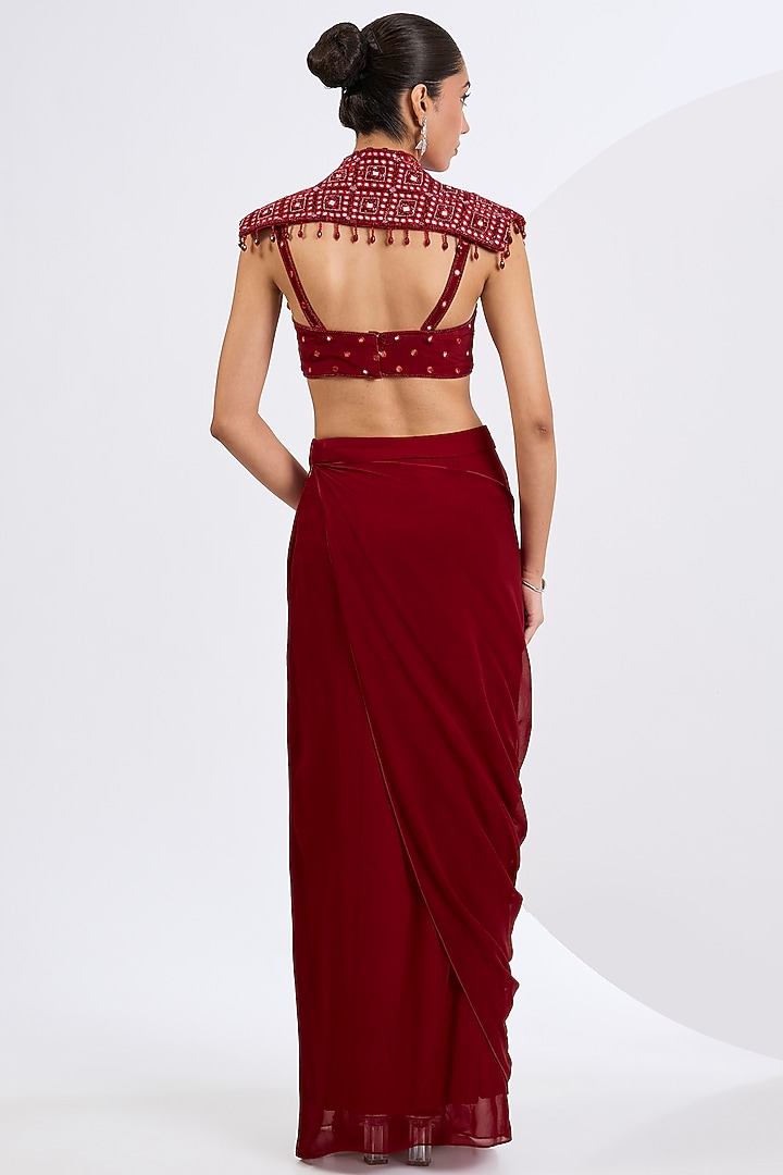 Deep Red Viscose Georgette Draped Skirt Set by Neha Khullar at Pernia's Pop Up Shop