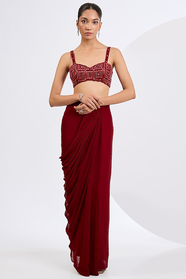 Deep Red Viscose Georgette Draped Skirt Set by Neha Khullar at Pernia's Pop Up Shop