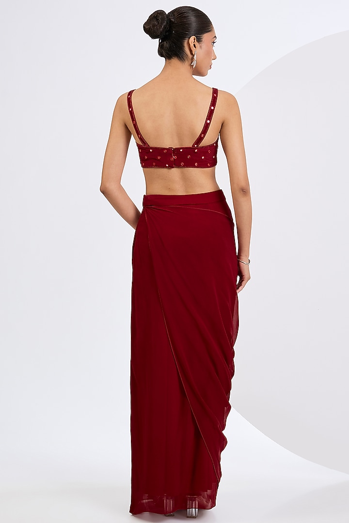 Deep Red Viscose Georgette Draped Skirt Set by Neha Khullar at Pernia's Pop Up Shop