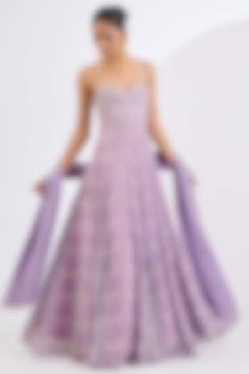 Lilac Chinon Chiffon Mosaic Printed Corset Wedding Anarkali Set by Neha khullar at Pernia's Pop Up Shop