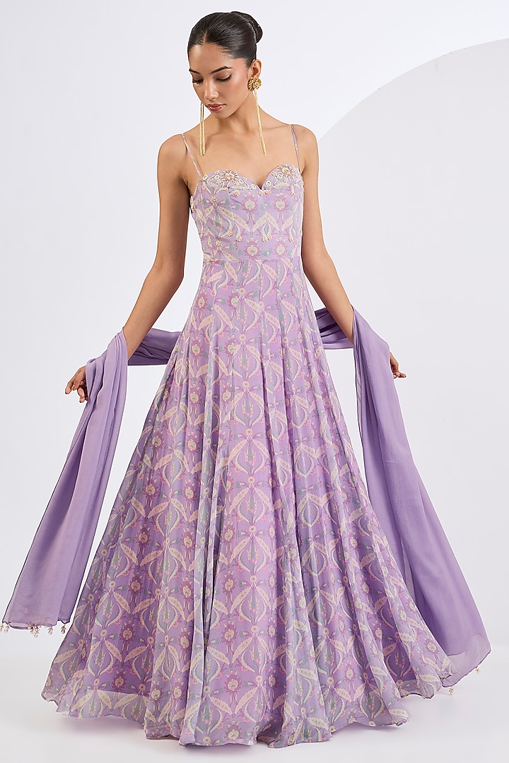 Lilac Chinon Chiffon Mosaic Printed Corset Wedding Anarkali Set by Neha khullar at Pernia's Pop Up Shop