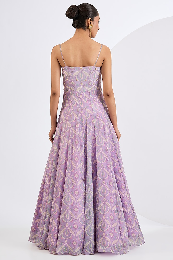 Lilac Chinon Chiffon Mosaic Printed Corset Wedding Anarkali Set by Neha khullar at Pernia's Pop Up Shop