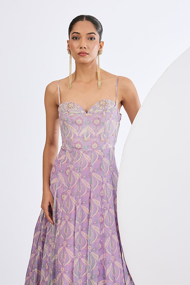 Lilac Chinon Chiffon Mosaic Printed Corset Wedding Anarkali Set by Neha khullar at Pernia's Pop Up Shop