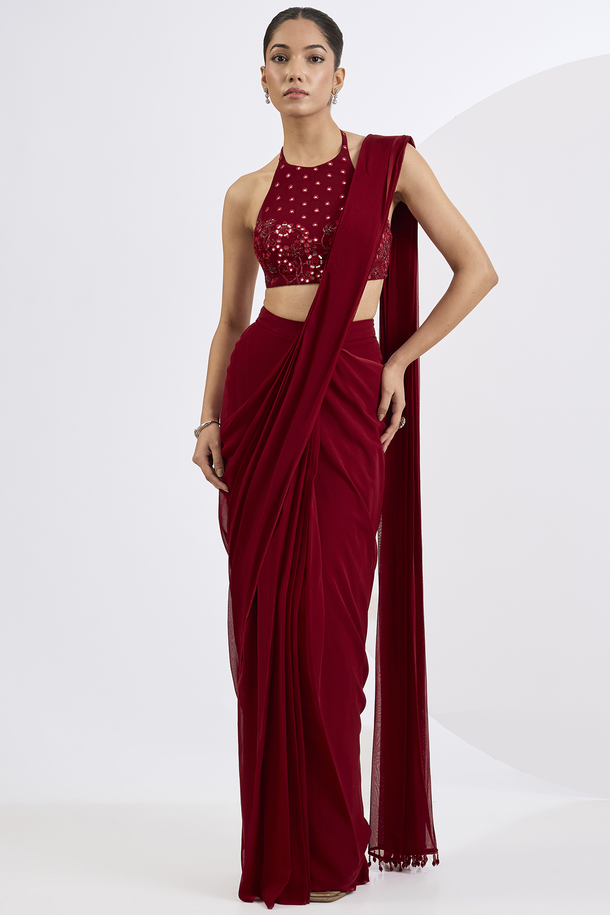 Deep Red Viscose Georgette Pre-Draped Wedding Saree Set by Neha Khullar at Pernia's Pop Up Shop