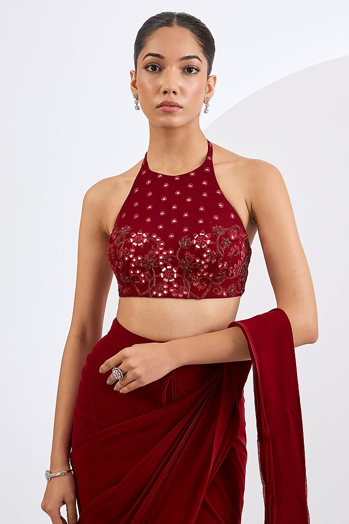 Deep Red Viscose Georgette Pre-Draped Wedding Saree Set by Neha Khullar at Pernia's Pop Up Shop