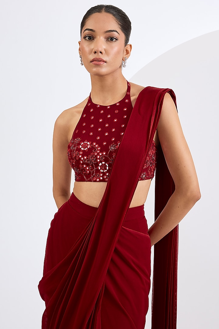 Deep Red Viscose Georgette Pre-Draped Wedding Saree Set by Neha Khullar at Pernia's Pop Up Shop