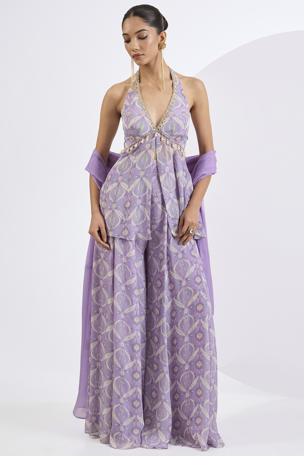Lilac Viscose Chinon Mosaic Printed Party Wear Sharara Set by Neha khullar at Pernia's Pop Up Shop