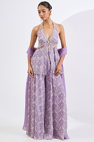 Lilac Viscose Chinon Mosaic Printed Sharara Set by Neha khullar