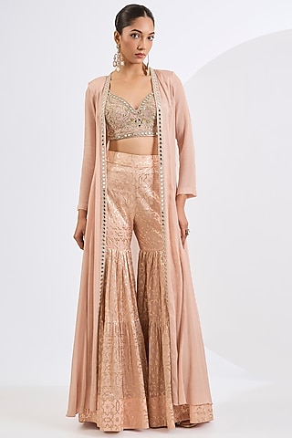 Blush Pink Banarasi Chanderi Mosaic Printed Gharara Set by Neha khullar