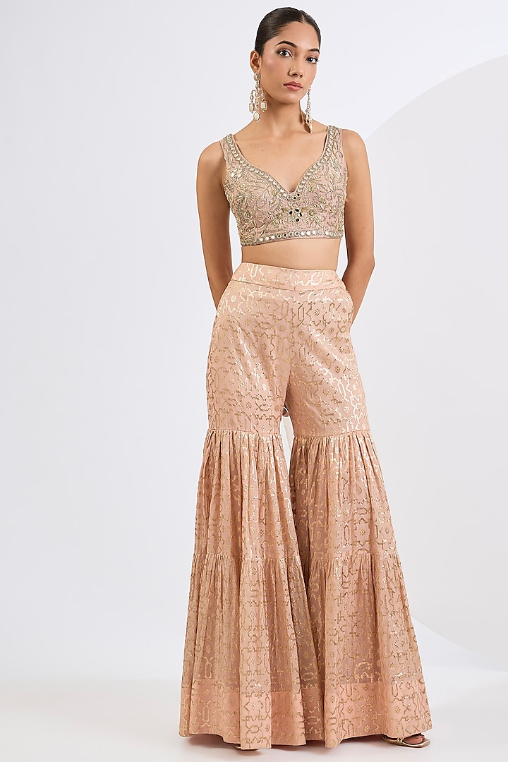Blush Pink Banarasi Chanderi Mosaic Printed Gharara Set by Neha khullar at Pernia's Pop Up Shop