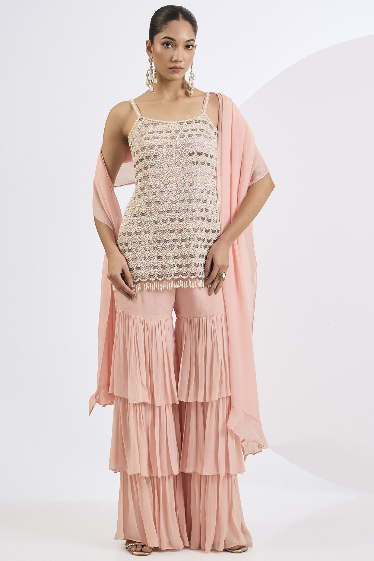 Peach Viscose Georgette Mosaic Printed Gharara Set by Neha khullar at Pernia's Pop Up Shop