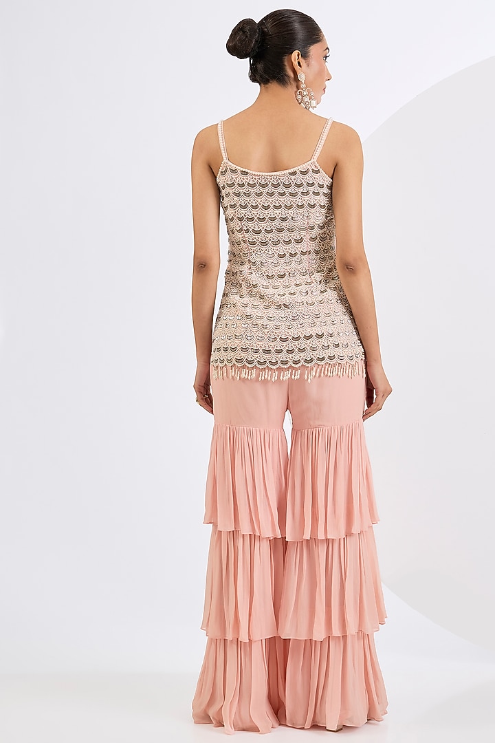 Peach Viscose Georgette Mosaic Printed Gharara Set by Neha khullar at Pernia's Pop Up Shop