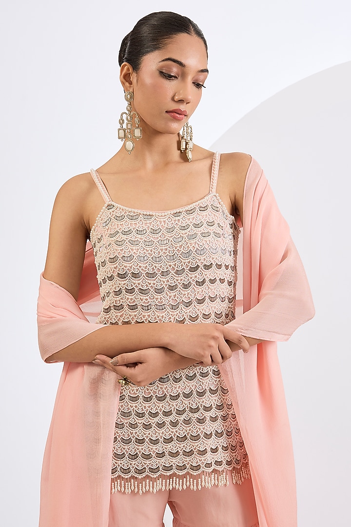 Peach Viscose Georgette Mosaic Printed Gharara Set by Neha khullar at Pernia's Pop Up Shop