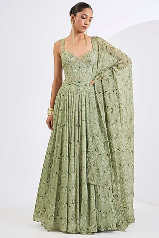 Green Viscose Chinon Mosaic Printed Lehenga Set by Neha khullar