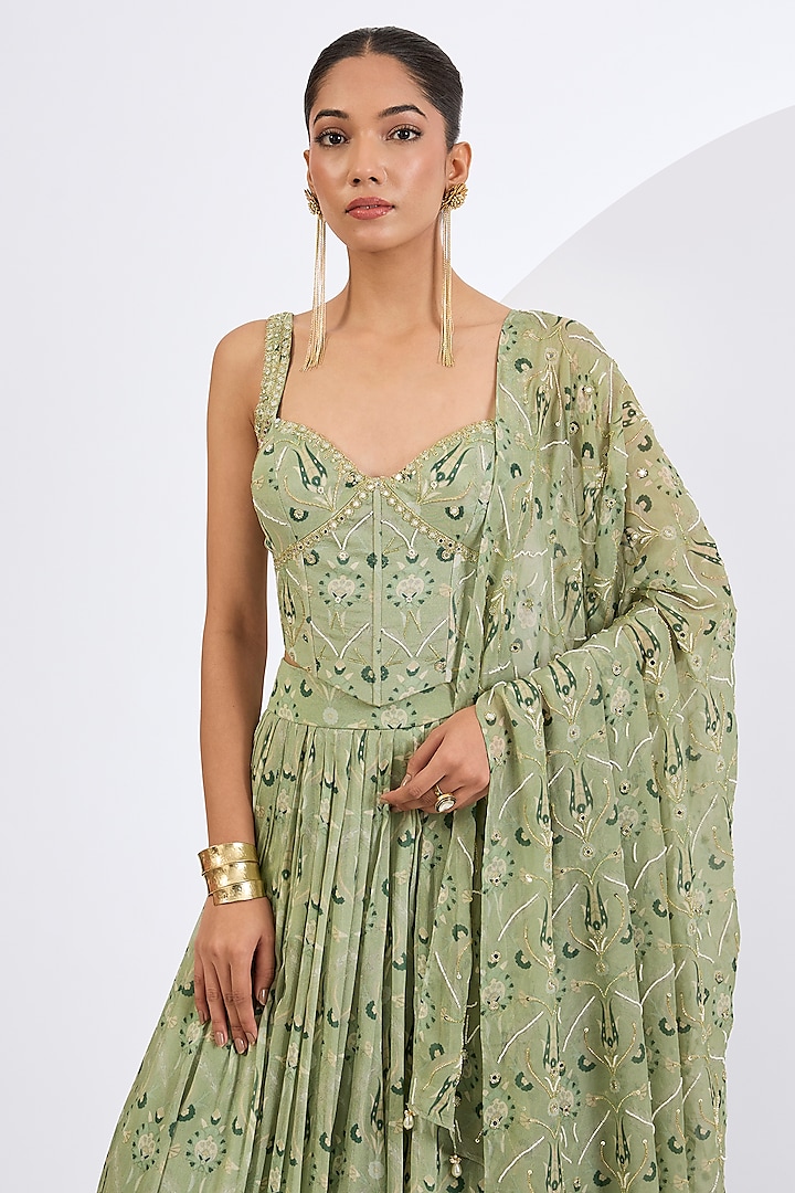 Green Viscose Chinon Mosaic Printed Wedding Lehenga Set by Neha khullar at Pernia's Pop Up Shop
