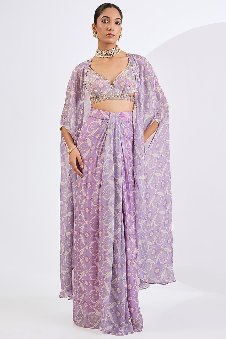 Lilac Viscose Chinon Mosaic Printed Draped Skirt Set by Neha khullar at Pernia's Pop Up Shop