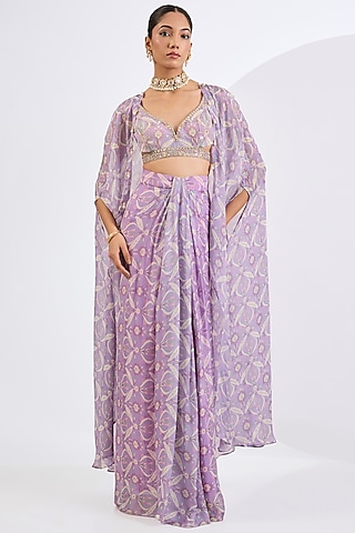 Lilac Viscose Chinon Mosaic Printed Draped Skirt Set by Neha khullar