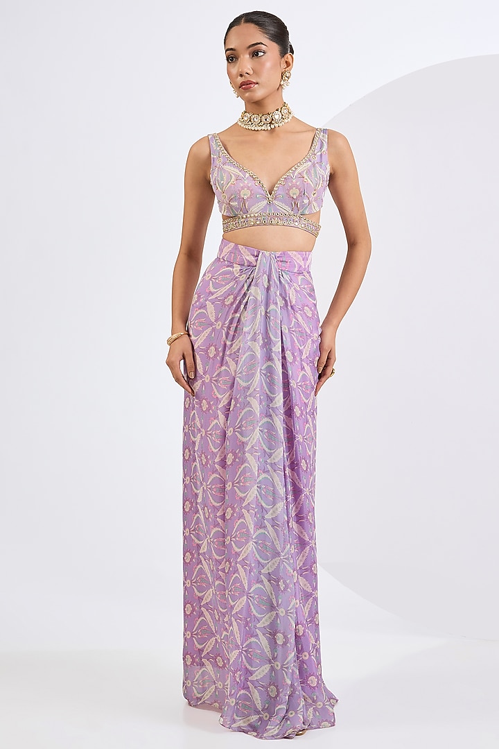 Lilac Viscose Chinon Mosaic Printed Draped Skirt Set by Neha khullar at Pernia's Pop Up Shop