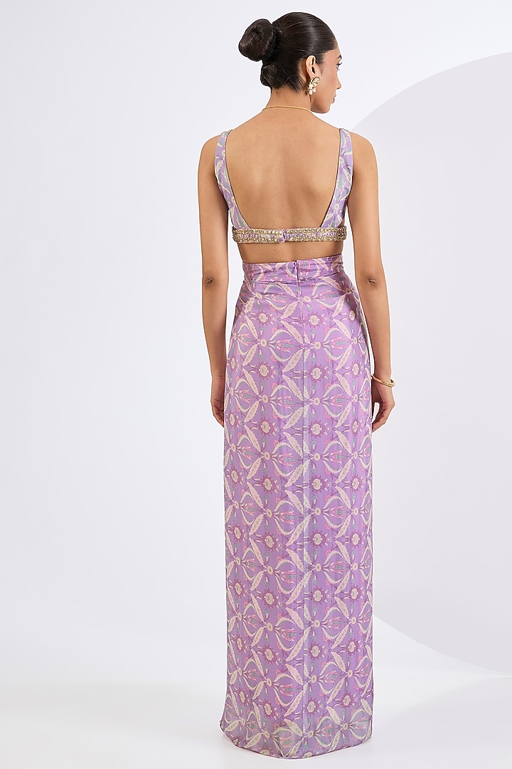 Lilac Viscose Chinon Mosaic Printed Draped Skirt Set by Neha khullar at Pernia's Pop Up Shop