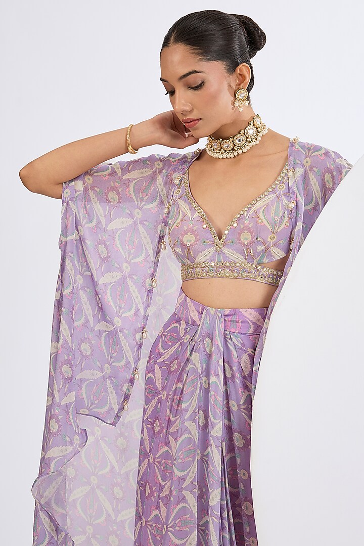 Lilac Viscose Chinon Mosaic Printed Draped Skirt Set by Neha khullar at Pernia's Pop Up Shop