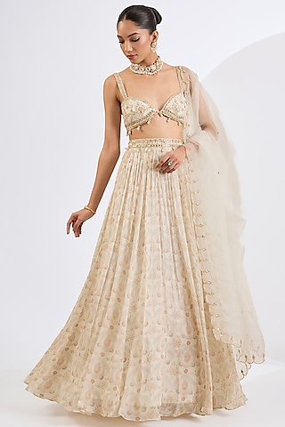 Ivory Chinon Chiffon Mosaic Printed Lehenga Set by Neha khullar