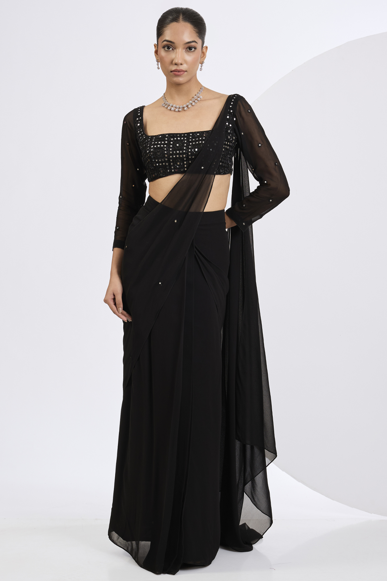 Black Viscose Georgette Pre-Draped Wedding Saree Set by Neha Khullar at Pernia's Pop Up Shop