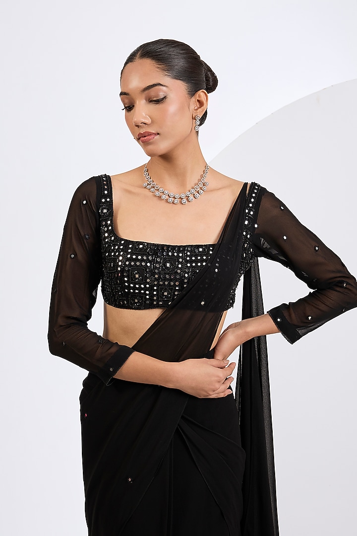 Black Viscose Georgette Pre-Draped Wedding Saree Set by Neha Khullar at Pernia's Pop Up Shop