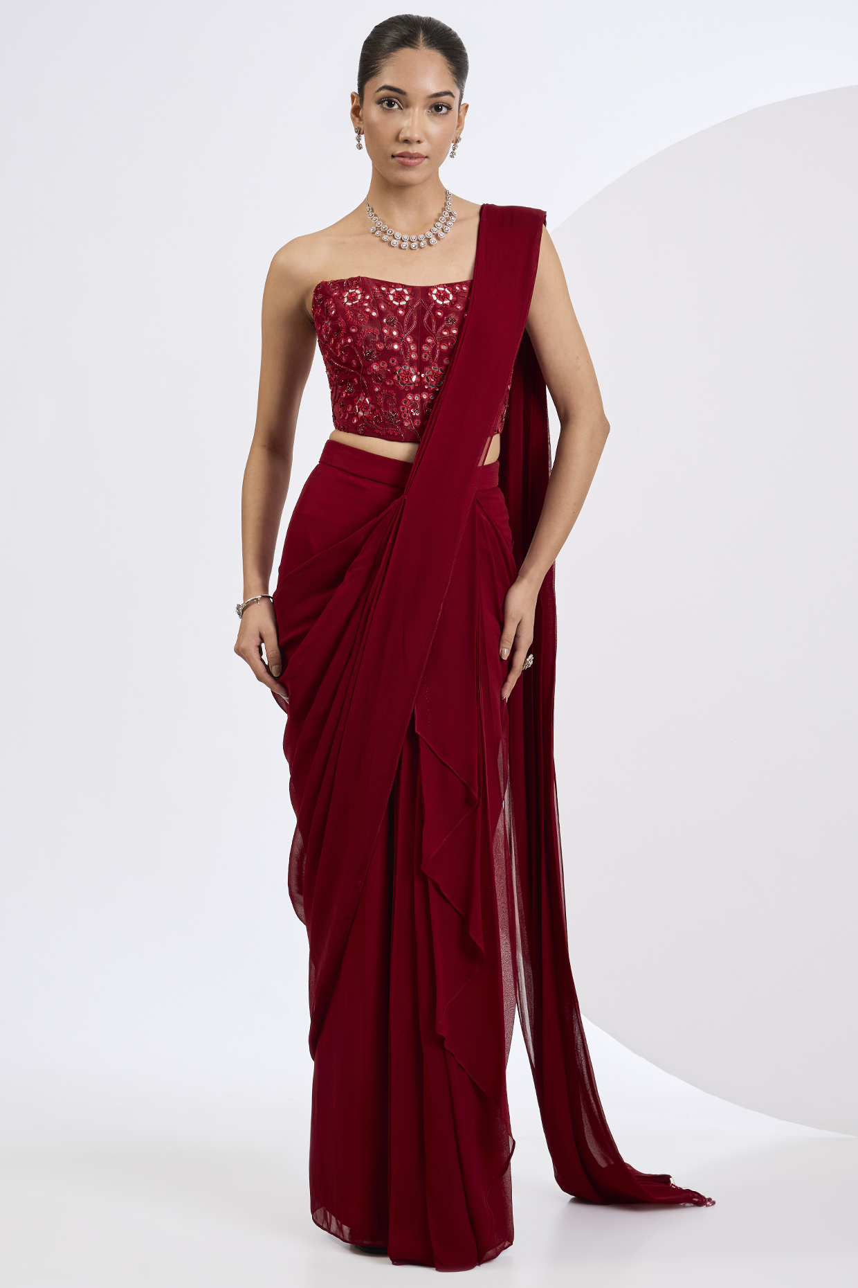 Deep Red Viscose Georgette Pre-Draped Wedding Saree Set by Neha Khullar at Pernia's Pop Up Shop
