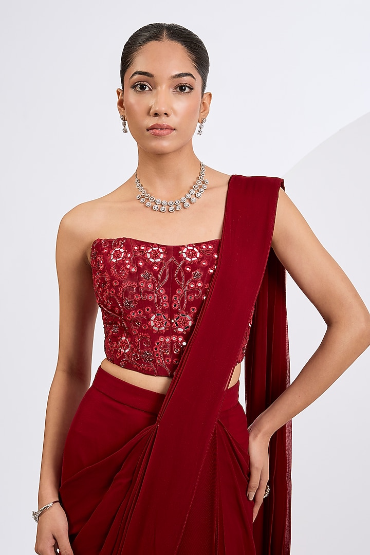 Deep Red Viscose Georgette Pre-Draped Wedding Saree Set by Neha Khullar at Pernia's Pop Up Shop