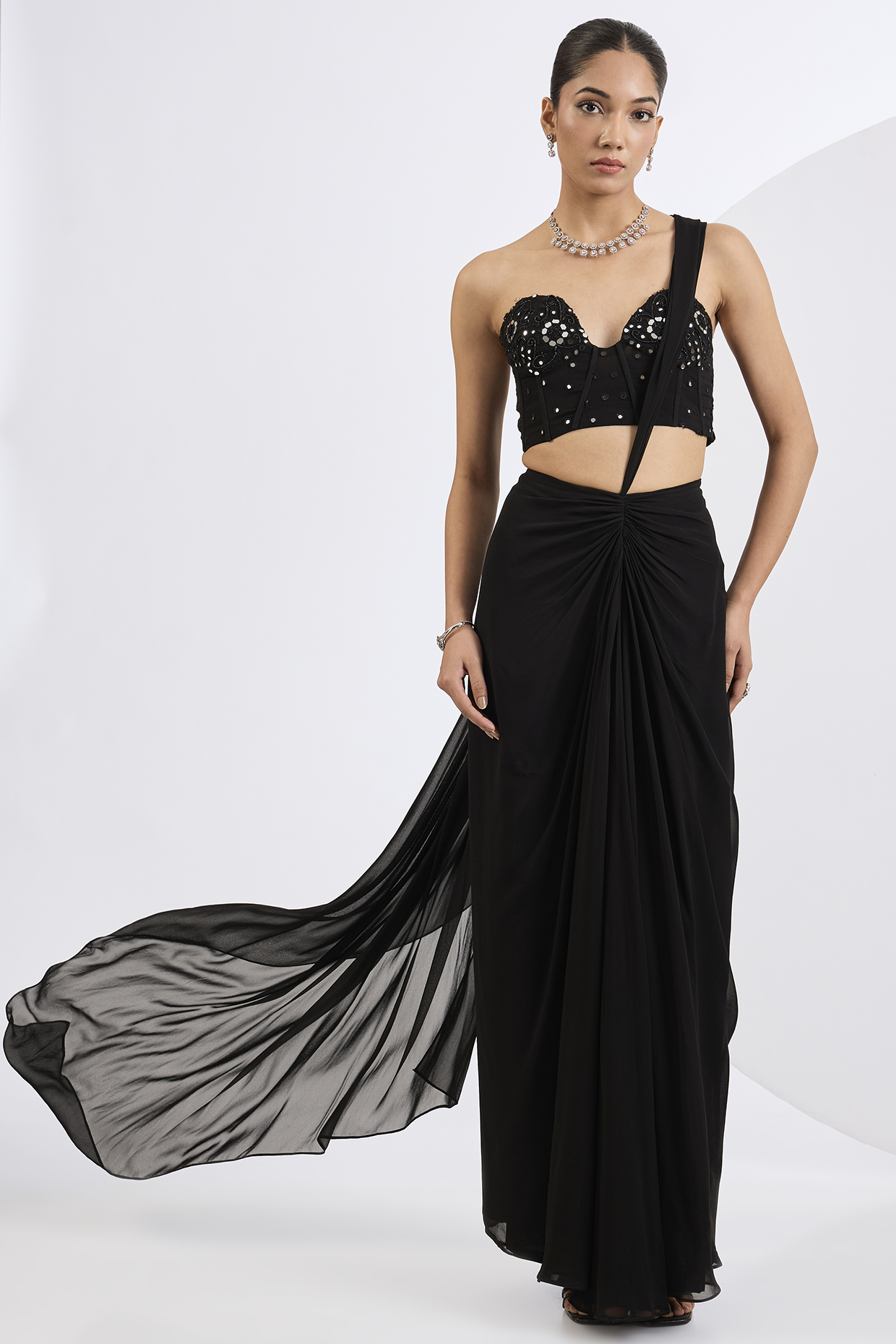 Black Viscose Georgette Pre-Draped Wedding Saree Set by Neha Khullar at Pernia's Pop Up Shop