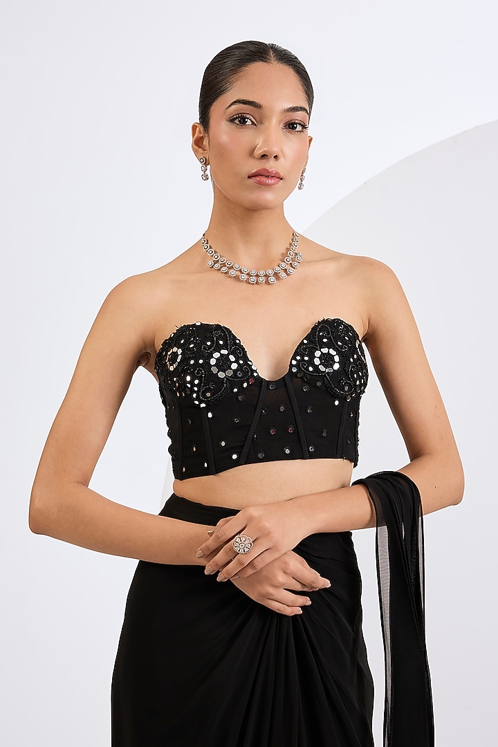 Black Viscose Georgette Pre-Draped Wedding Saree Set by Neha Khullar at Pernia's Pop Up Shop