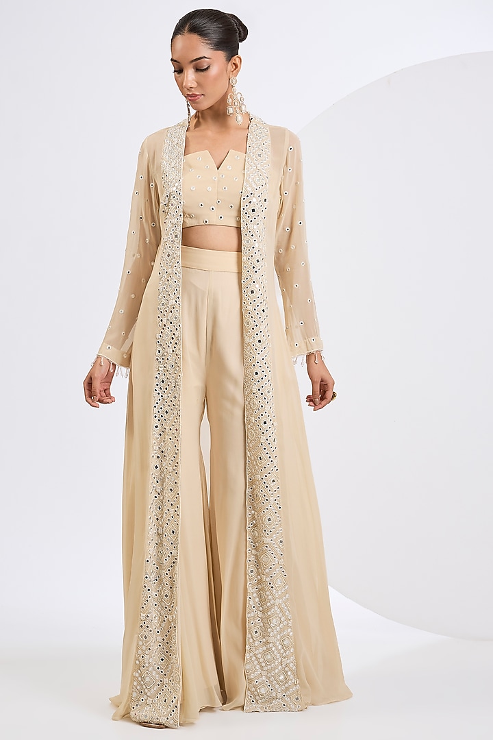 Antique White Viscose Georgette Embellished Cape Set by Neha Khullar at Pernia's Pop Up Shop