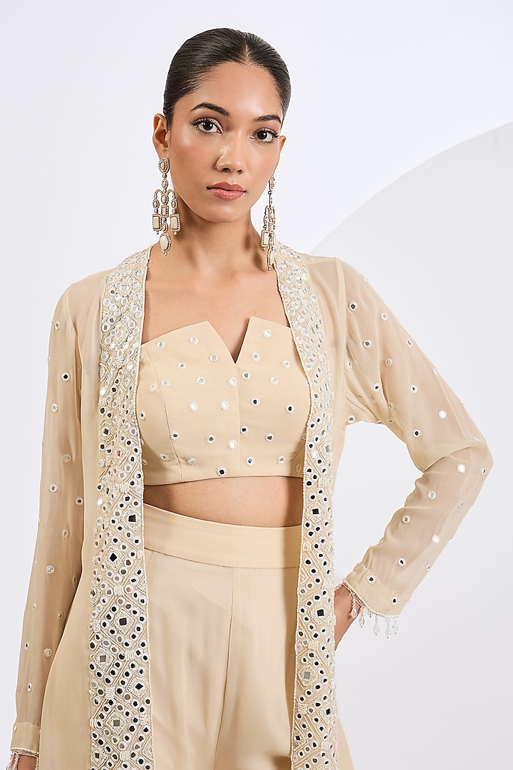 Antique White Viscose Georgette Embellished Cape Set by Neha Khullar at Pernia's Pop Up Shop