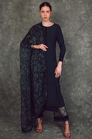 Dark Blue Chanderi Kurta Set by Neha khullar