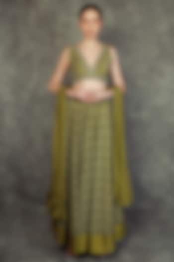 Olive Green Georgette Printed Wedding Lehenga Set by Neha khullar at Pernia's Pop Up Shop