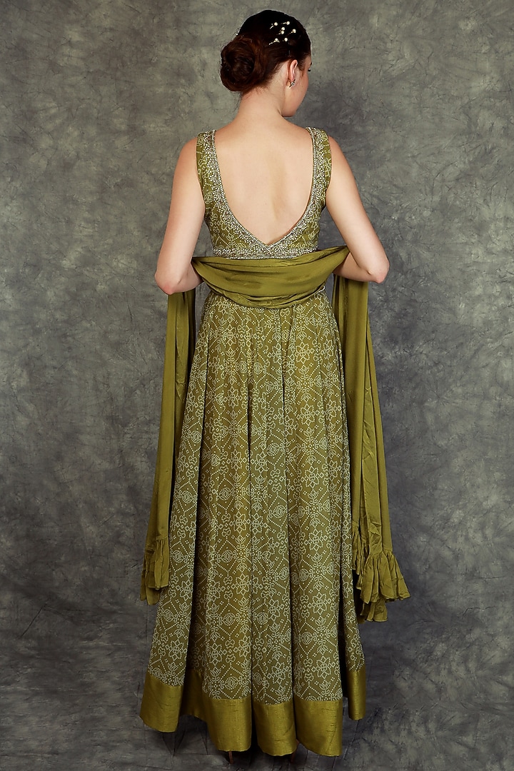 Olive Green Georgette Printed Wedding Lehenga Set by Neha khullar at Pernia's Pop Up Shop