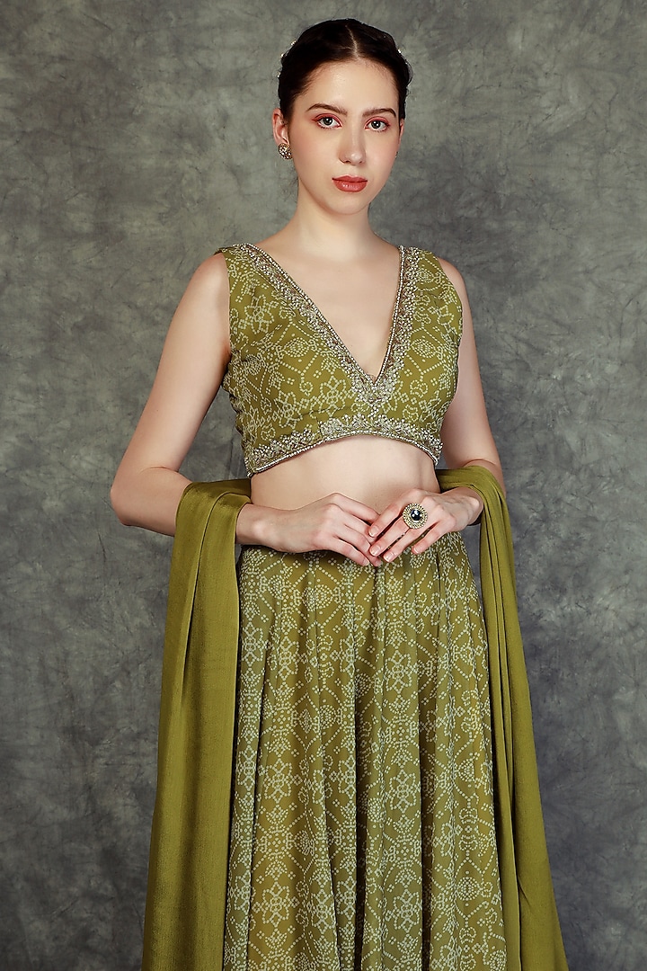 Olive Green Georgette Printed Wedding Lehenga Set by Neha khullar at Pernia's Pop Up Shop
