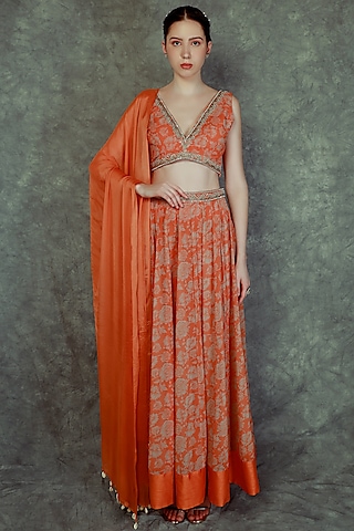 Tangerine Printed Lehenga Set by Neha khullar