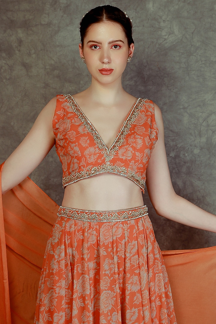 Tangerine Printed Wedding Lehenga Set by Neha khullar at Pernia's Pop Up Shop