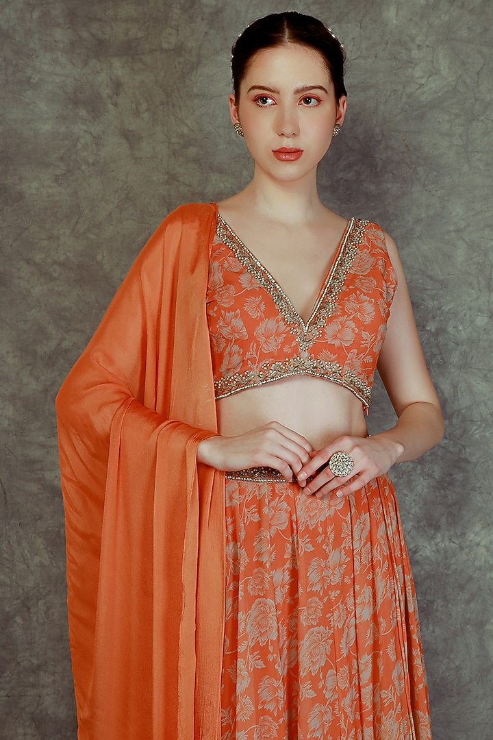 Tangerine Printed Wedding Lehenga Set by Neha khullar at Pernia's Pop Up Shop