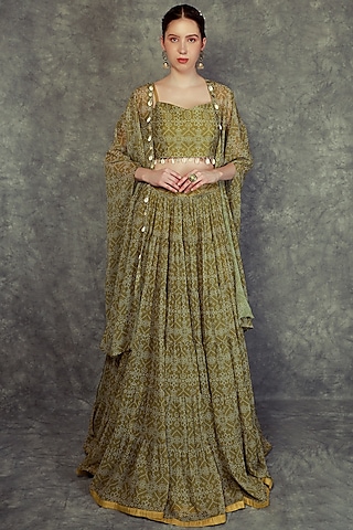 Olive Green Printed Lehenga Set by Neha khullar