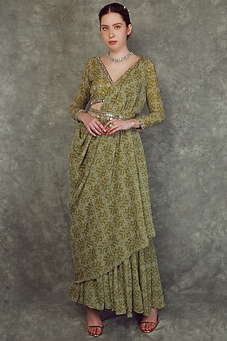 Olive Green Georgette Printed Sharara Set by Neha khullar