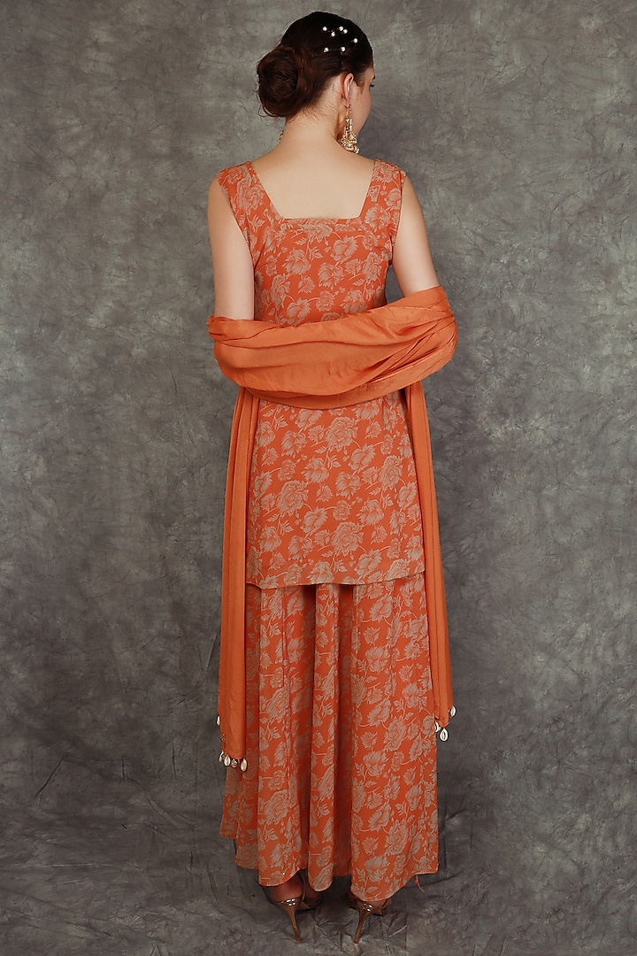 Tangerine Georgette Printed Party Wear Sharara Set by Neha khullar at Pernia's Pop Up Shop