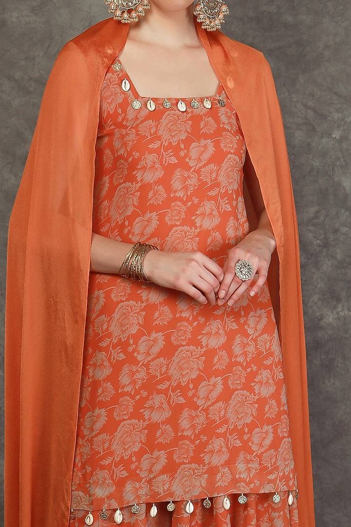 Tangerine Georgette Printed Party Wear Sharara Set by Neha khullar at Pernia's Pop Up Shop