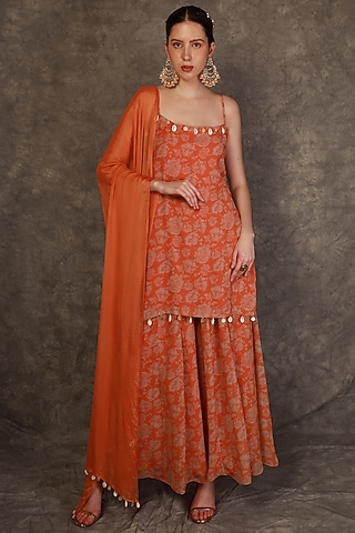 Tangerine Georgette & Chinon Printed Sharara Set by Neha khullar