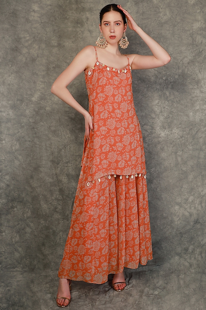 Tangerine Georgette & Chinon Printed Party Wear Sharara Set by Neha khullar at Pernia's Pop Up Shop