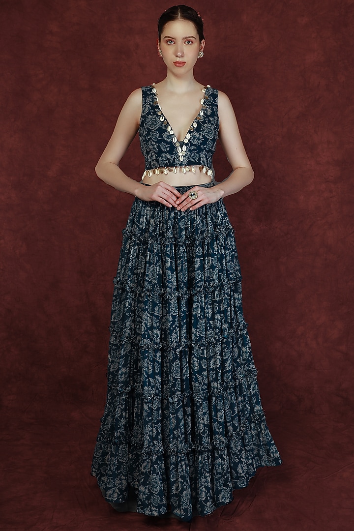 Dark Blue Printed Wedding Lehenga Set by Neha khullar at Pernia's Pop Up Shop