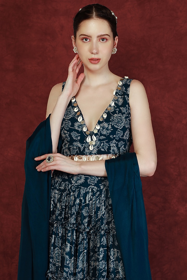 Dark Blue Printed Wedding Lehenga Set by Neha khullar at Pernia's Pop Up Shop